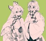  2girls amulet bangs black_bow black_eyes black_neckwear black_scarf black_skirt bow closed_mouth eyebrows_visible_through_hair fujiwara_no_mokou futatsuiwa_mamizou futatsuiwa_mamizou_(human) glasses green_background grey_eyes hair_between_eyes hair_ornament hands_up itomugi-kun japanese_clothes leaf leaf_hair_ornament long_hair long_sleeves looking_at_another looking_down looking_to_the_side multiple_girls open_mouth own_hands_together pink_hair pink_neckwear pink_scarf pink_shirt pink_sleeves plaid plaid_scarf pom_pom_(clothes) ponytail puffy_long_sleeves puffy_sleeves scarf shirt simple_background skirt smile touhou white_bow wide_sleeves 