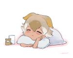  1girl absurdres animal_ears beleven blanket blonde_hair closed_eyes coyopotato coyote_(kemono_friends) extra_ears glass highres indoors kemono_friends kemono_friends_v_project mask mouth_mask on_bed pillow short_hair simple_background sleeping tears virtual_youtuber wolf_ears wolf_girl 
