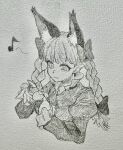  1girl animal_ears bow braid cat_ears cat_girl closed_mouth commentary_request extra_ears greyscale hair_bow hand_in_own_hair highres juliet_sleeves kaenbyou_rin long_sleeves monochrome musical_note puffy_sleeves side_braids simple_background solo tenkatorouze touhou traditional_media twin_braids upper_body 