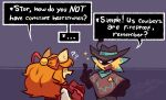 anthro bell bell_bow bodily_fluids canid canine ceroba_(undertale_yellow) clothing cowboy cowboy_hat cowgirl_outfit dialogue duo english_text female fox gesture gianluu1999 gloves hair handwear hat headgear headwear long_hair male mammal poncho question_mark scarf sheriff sheriff_badge smile star starlo_(undertale_yellow) sweat text topwear undertale_yellow vest