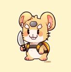 2019 anthro artist_name backpack backpack_only blush buckteeth chibi cricetid digital_media_(artwork) dokibird_(artist) hammond_(overwatch) hamster inner_ear_fluff knife male mammal multicolored_body rodent simple_background simple_eyes solo teeth tuft weapon whiskers