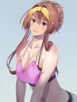  1girl :d alternate_costume alternate_hairstyle breasts brown_eyes brown_hair cherry_blossoms cleavage collarbone commentary flower hair_between_eyes hair_bun hair_flower hair_ornament hairband highres kantai_collection large_breasts long_hair looking_at_viewer map_(blue_catty) pink_sports_bra ponytail simple_background smile solo sports_bra symbol-only_commentary teeth upper_teeth_only yamato_(kancolle) yellow_hairband 