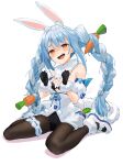  1girl :d animal_ear_fluff animal_ears arm_garter bangs black_gloves black_legwear black_leotard blue_hair bow braid breasts carrot_hair_ornament commentary_request don-chan_(usada_pekora) dress eyebrows_visible_through_hair food-themed_hair_ornament full_body fur-trimmed_dress fur-trimmed_gloves fur_scarf fur_trim furrowed_brow gloves gotou_(nekocat) hair_ornament hair_ribbon hololive leotard long_hair looking_at_viewer multicolored_hair open_mouth pantyhose pom_pom_(clothes) rabbit_ears rabbit_tail red_eyes ribbon shaded_face shoes signature simple_background sitting small_breasts smile solo strapless strapless_dress streaked_hair tail thick_eyebrows thigh_strap tress_ribbon twin_braids twintails two-tone_hair usada_pekora virtual_youtuber wariza white_background white_bow white_dress white_footwear white_hair 