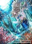  1girl blonde_hair copyright_notice coral fins fish head_fins hinata_gureko holding holding_staff last_chronicle long_hair mermaid monster_girl navel official_art solo staff underwater 