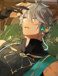  1boy ahoge alhaitham_(genshin_impact) aqua_hair bed black_gloves black_shirt cable chest_jewel commentary_request gem genshin_impact gloves gold_trim green_eyes green_gemstone grey_hair hair_between_eyes hand_up headphones highres indoors kichi_owo lying male_focus multicolored_hair on_back on_bed parted_bangs parted_lips partially_fingerless_gloves pillow shirt short_hair sidelocks sleeveless sleeveless_shirt solo swept_bangs upper_body 