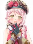  :d black_gloves blonde_hair bow braid breasts brown_scarf deerstalker fire_emblem fire_emblem_engage framme_(fire_emblem) gloves happy hat hat_ribbon highres jewelry long_hair medium_breasts multicolored_hair ornate_ring pink_bow pink_hair pink_shirt plaid plaid_headwear plaid_scarf rein_rise ribbon ring scarf shirt single_braid sleeveless sleeveless_shirt smile two-tone_hair wedding_ring white_background wrist_guards yellow_eyes 