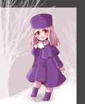  1girl blush coat fate/zero fate_(series) full_body fur_hat hat highres illyasviel_von_einzbern long_hair looking_at_viewer open_mouth papakha purple_coat purple_headwear red_eyes saihara scarf sketch smile solo white_hair 