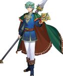  1boy aqua_eyes aqua_hair blue_footwear blue_tunic boots bouquet cape ephraim_(fire_emblem) ephraim_(valentine)_(fire_emblem) fire_emblem fire_emblem:_the_sacred_stones fire_emblem_heroes green_cape highres holding holding_bouquet holding_polearm holding_weapon laurel_crown looking_at_viewer multicolored_cape multicolored_clothes non-web_source official_alternate_costume official_art pants polearm red_cape short_hair smile solo tachi-e tunic weapon white_pants 