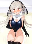 1girl alternate_costume azur_lane black_gloves black_thighhighs blush breasts commentary_request commission cum cum_on_body daichi_(tokoya) elbow_gloves formidable_(azur_lane) gloves grey_hair groin highres large_breasts long_hair looking_at_viewer nipples red_eyes skeb_commission solo thighhighs twintails 