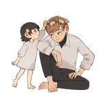  1boy 1girl arm_at_side arm_up bare_legs barefoot black_hair black_undershirt brown_eyes brown_hair chilchuck_tims child dress dungeon_meshi father_and_daughter flower flower_ring flower_wreath fullertom_(dungeon_meshi) hair_flower hair_ornament halfling head_wreath highres knee_up long_sleeves looking_at_another p1ngd0 profile putting_on_headwear shirt short_hair sideways_glance simple_background sitting sleeves_rolled_up smile standing standing_on_one_leg white_background white_dress white_shirt yellow_flower 