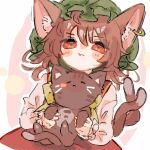 1girl :t animal animal_ear_piercing animal_ears blush_stickers brown_hair cat cat_ears cat_tail chen dutch_angle earrings green_headwear hair_between_eyes hat holding holding_animal holding_cat jewelry juliet_sleeves long_sleeves looking_at_viewer medium_hair mob_cap multiple_tails nekomata outline pout puffy_sleeves red_eyes simple_background single_earring solo sunnyagi906 tail touhou two_tails upper_body white_background white_outline 