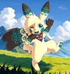 2023 anthro big_tail blonde_hair blue_sky bokurei cheek_spots cheek_tuft cleft_tail cloud day detailed_background digitigrade facial_tuft fan_character featureless_crotch female field foreground_silhouette front_view full-length_portrait generation_1_pokemon glowchu grass hair hi_res kerchief kerchief_only looking_at_viewer mostly_nude mountain neckerchief neckerchief_only nintendo on_one_leg one_eye_closed open_mouth open_smile pawpads pikachu plant pokemon pokemon_(species) portrait pose raised_arm sky smile solo standing tail teal_eyes teal_nose teal_pawpads tuft vala_(bokurei) wink winking_at_viewer