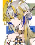  1girl arknights bare_shoulders blonde_hair blue_eyes blue_hair branch close-up collarbone dragon_girl dragon_horns earrings eyeliner grey_hair hair_between_eyes hair_intakes hair_ornament hair_stick highres horns jacket jewelry long_hair looking_at_viewer makeup multicolored_hair necklace off_shoulder open_clothes open_jacket parted_lips pointy_ears portrait red_eyeliner red_pupils shirt shu_(arknights) sidelocks solo strapless strapless_shirt streaked_hair tassel tassel_earrings white_jacket white_shirt xiao_huai_shui_bu_xing 