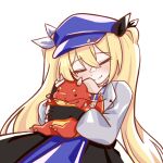  1girl bea_(squidbols) black_ribbon blonde_hair blush closed_eyes closed_mouth commentary dokibird_(vtuber) english_commentary facing_viewer hair_between_eyes hair_ribbon highres holding holding_stuffed_toy hugging_object indie_virtual_youtuber long_hair long_sleeves ribbon simple_background smile split_mouth stuffed_animal stuffed_dragon stuffed_toy twintails upper_body very_long_hair virtual_youtuber white_background white_ribbon 