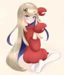 1girl absurdres amanogawa_shiina amanogawa_shiina_(2nd_costume) animal_hands blonde_hair blue_eyes blue_hair blush bow colored_inner_hair constellation crab_claw hair_bow hair_ornament heart heart_hair_ornament highres hood hood_down hoodie kneeling long_hair multicolored_hair open_mouth phase_connect red_bow red_hoodie scissors_hair_ornament snowbroke solo thighhighs very_long_hair virtual_youtuber white_bow white_thighhighs 