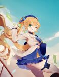  1girl :p anntan blonde_hair blue_dress blue_headwear blue_sky dokibird_(vtuber) dress floating_hair green_eyes highres holding holding_jewelry holding_necklace indie_virtual_youtuber jacket jewelry long_hair long_sleeves looking_at_viewer money necklace one_eye_closed panties short_dress sky solo thigh_strap tongue tongue_out twintails underwear virtual_youtuber white_jacket 