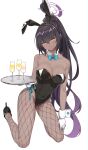  1girl absurdres animal_ears aqua_bow bangs bare_shoulders black_footwear black_hair black_hairband black_leotard blue_archive blue_bow blue_bowtie blush bow bowtie bowtie_removed breasts cleavage closed_mouth commentary_request cup dark-skinned_female dark_skin detached_collar drinking_glass eyebrows_visible_through_hair fake_animal_ears fishnet_legwear fishnets full_body gloves hair_between_eyes hairband halo high_heels highres holding holding_tray karin_(blue_archive) kneeling large_breasts leotard long_hair looking_at_viewer looking_back number_tattoo playboy_bunny ponytail rabbit_ears shoulder_tattoo simple_background solo strapless strapless_leotard tamago_(eva1314056) tattoo tray very_long_hair white_background white_gloves wrist_cuffs yellow_eyes 