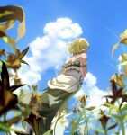  1girl blonde_hair blue_sky cloud cumulonimbus_cloud dress earrings flower from_behind highres jewelry merianaka necklace pointy_ears princess_zelda short_hair sky solo strapless strapless_dress the_legend_of_zelda the_legend_of_zelda:_tears_of_the_kingdom 