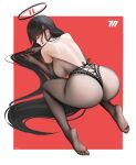  1girl absurdres ass back black_gloves black_hair black_pantyhose blue_archive blush breasts closed_eyes closed_mouth elbow_gloves gloves hair_ornament hairpin halo highres large_breasts lips long_hair malon_(chuan2700) pantyhose rio_(blue_archive) soles solo thighs toes 