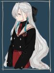  1girl alternate_costume black_bow black_jacket black_shirt blue_background blue_eyes blue_hair border bow brown_sailor_collar buttons closed_mouth collared_shirt commentary_request cropped_legs double-breasted from_side grey_hair hair_bow hair_over_one_eye highres isekai_joucho isshiki_(ffmania7) jacket kamitsubaki_studio long_hair long_sleeves looking_ahead multicolored_hair necktie pleated_skirt profile red_necktie red_skirt sailor_collar school_uniform shirt signature simple_background skirt smile solo streaked_hair v_arms very_long_hair virtual_youtuber wavy_hair 