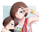  1boy 1girl absurdres arm_around_neck arm_up armpits bare_shoulders blue_eyes boku_no_kokoro_no_yabai_yatsu breasts brother_and_sister brown_hair closed_mouth collarbone grin hair_over_one_eye highres hug ichikawa_kana ichikawa_kyoutarou looking_at_another looking_at_viewer medium_breasts one_eye_closed ringed_eyes sacra_(sacrabokuyaba) shirt siblings smile sweat v white_shirt wristband yellow_wristband 