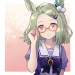  1girl adjusting_eyewear air_messiah_(umamusume) animal_ears blush breasts commentary_request glasses grey_hair hair_ornament hairclip highres horse_ears horse_girl looking_at_viewer matsui_haru medium_hair purple_eyes school_uniform simple_background smile solo umamusume 