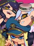  +_+ 3girls absurdres aqua_headwear black_hair blonde_hair blue_eyes blue_headwear callie_(splatoon) close-up earrings fangs green_headwear hat headgear highres inkling jewelry long_hair looking_at_viewer marie_(splatoon) multiple_girls one_eye_closed open_mouth otoboke-san short_hair smile splatoon_(series) splatoon_3 teeth thick_eyebrows upper_body white_hair white_headwear yellow_eyes 