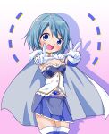  1girl :d belt blue_eyes blue_hair blue_skirt blush breasts cape cowboy_shot gloves highres looking_at_viewer magical_girl mahou_shoujo_madoka_magica mahou_shoujo_madoka_magica_(anime) miki_sayaka navel open_mouth pleated_skirt pointing short_hair skirt small_breasts smile solo soul_gem thighhighs v white_cape white_gloves white_thighhighs yoppi98ro zettai_ryouiki 