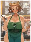  1girl animal_ears apron barista bear_ears bear_girl blurry blush breasts brown_eyes brown_hair cafe commentary cup depth_of_field embarrassed english_commentary flying_sweatdrops green_apron huge_breasts iced_latte_with_breast_milk_(meme) kumako marker meme naked_apron original poch4n short_hair solo starbucks sweat thick_eyebrows wide_hips 