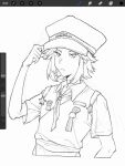  1other androgynous badge closed_mouth collared_shirt commentary fujiwara_no_shirogane_no_sanra hand_on_headwear hat highres jishixingle1029 len&#039;en light_frown lineart looking_at_viewer military_hat military_uniform necktie other_focus procreate_(software) shirt short_hair short_sleeves solo star_(symbol) symbol-only_commentary uniform upper_body vest wing_print yin_yang yin_yang_print 