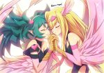  2girls bare_shoulders blonde_hair breasts claws closed_eyes detached_sleeves duel_monster feathers green_hair hair_ornament harpie_carla harpie_girl_(yu-gi-oh!) harpy haru_7road heart heart_hair_ornament long_hair monster_girl multiple_girls pink_feathers twintails winged_arms wings yu-gi-oh! yu-gi-oh!_rush_duel 