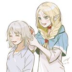  2girls blonde_hair blue_capelet braid brushing_another&#039;s_hair brushing_hair capelet choker collared_shirt comb dated dungeon_meshi elf facing_ahead falin_thorden green_eyes grey_hair hair_between_eyes hands_up happy holding holding_another&#039;s_hair holding_comb hood hood_down hooded_capelet laughing long_hair long_sleeves looking_at_another marcille_donato miying_(ho_ru03_15) multiple_girls pointy_ears shirt short_hair signature simple_background twin_braids twintails upper_body white_shirt wings 