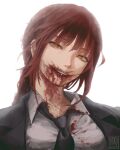  1girl artist_name backlighting black_jacket black_necktie blood blood_on_clothes blood_on_face bloom breasts chainsaw_man close-up collared_shirt commentary dated dress_shirt english_commentary grin hair_between_eyes half-closed_eyes head_tilt highres jacket lapels lips long_hair looking_at_viewer low_ponytail makima_(chainsaw_man) medium_breasts necktie notched_lapels open_clothes open_jacket parted_lips partially_unbuttoned ponytail portrait red_hair ringed_eyes shadow shirt sidelocks signature simple_background smile solo taorotana teeth white_background white_shirt wing_collar yellow_eyes 