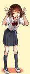  1girl :d blush bow bowtie brown_hair bunching_hair collared_shirt commentary_request facing_viewer full_body grey_legwear grey_skirt kagawa_ichigo medium_hair miniskirt open_mouth original pleated_skirt red_bow red_bowtie school_uniform serafuku shirt shoes short_sleeves simple_background skirt smile socks solo standing twintails twintails_day white_footwear white_shirt wing_collar yellow_background 