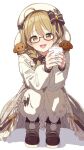  1girl :d absurdres ahoge animare black_footwear blush bow braid brown-framed_eyewear brown_eyes brown_hair cup dress frilled_dress frills glasses hair_bow hair_over_shoulder highres holding holding_cup inaba_haneru_(animare) long_hair long_sleeves looking_at_viewer nanashi_inc. open_mouth pantyhose paw_print puffy_long_sleeves puffy_sleeves semi-rimless_eyewear shinomu_(cinomoon) shirt shoes simple_background smile solo squatting twin_braids under-rim_eyewear virtual_youtuber white_background white_headwear white_pantyhose white_shirt 