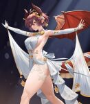 1girl absurdres ahoge ass bare_shoulders breasts commentary covered_nipples detached_sleeves dragon_girl dragon_horns dragon_tail dragon_wings dress feet_out_of_frame gloves granblue_fantasy grea_(shingeki_no_bahamut) grin hair_between_eyes halter_dress halterneck highres horns large_breasts looking_at_viewer outstretched_arms pointy_ears purple_hair red_eyes revealing_clothes short_hair shou_illust sideboob sideless_outfit sideways_glance single_glove smile solo tail thighs white_dress wings 
