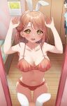  2girls absurdres animal_ears bangs bedroom bikini blush breasts bunny_pose eyebrows_visible_through_hair fake_animal_ears frilled_bikini frills hair_ornament hairclip hands_up highres love_live! love_live!_nijigasaki_high_school_idol_club medium_breasts medium_hair mia_(fai1510) mirror multiple_girls navel open_mouth orange_hair pose rabbit_ears reflection side_bun smile solo_focus swimsuit takasaki_yuu uehara_ayumu yellow_eyes 