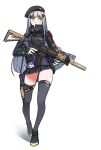  1girl assault_rifle bangs beret black_footwear black_headwear black_jacket black_legwear closed_mouth full_body girls&#039;_frontline gloves green_eyes gun h&amp;k_hk416 hair_ornament hat hk416_(girls&#039;_frontline) holding holding_gun holding_weapon jacket long_hair long_sleeves rifle shoes sneakers tab_(tabkun) teardrop_tattoo thighhighs trigger_discipline walking weapon white_gloves white_hair 