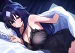  1girl animal_ears bare_shoulders blanket blue_hair blush breasts cleavage hair_between_eyes herohero_(higashi_no_dou) highres holding holding_blanket horse_ears horse_girl large_breasts long_hair looking_at_viewer lying nightgown on_bed on_side parted_lips pillow purple_eyes solo umamusume verxina_(umamusume) 
