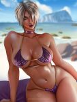  1girl azuma_yasuo bare_shoulders beach bikini blue_eyes breasts cleavage day hair_over_one_eye highres isabella_valentine large_breasts looking_at_viewer navel ocean outdoors pixie_cut purple_lips short_hair solo soulcalibur string_bikini swimsuit upside-down_bikini_top 