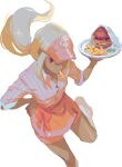  1girl absurdres apron bangs blonde_hair bow dark-skinned_female dark_skin domodesu food gravity_daze hat highres holding kitten_(gravity_daze) long_hair looking_at_viewer red_eyes simple_background skirt smile solo tray waitress 