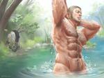  1boy abs arms_behind_head bara bathing beard black_hair bulge buzz_cut completely_nude facial_hair feet_out_of_frame forest golden_kamuy groin hairy jacket jacket_removed large_pectorals long_sideburns male_focus mature_male muscular muscular_male nature navel navel_hair nipples nopinzo nude outdoors partially_submerged pectorals pubic_hair pubic_hair_peek short_hair sideburns solo stomach sunlight tanigaki_genjirou thick_eyebrows very_short_hair wet 