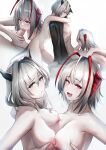  1boy 2girls :d antenna_hair arknights asymmetrical_docking bangs bisexual_female black_coat blush breast_press breasts censored coat collarbone commentary completely_nude demon_horns doctor_(arknights) dragon_girl dragon_horns dragon_tail english_commentary eyebrows_visible_through_hair fang fellatio ffm_threesome group_sex hair_intakes hetero highres horns hug hug_from_behind krirk large_breasts long_hair long_sleeves looking_at_another looking_at_viewer male_doctor_(arknights) mosaic_censoring multicolored_hair multiple_girls multiple_views naked_coat nipples nude open_clothes open_coat open_mouth oral parted_lips penis red_hair short_hair silver_hair simple_background skin_fang smile standing tail talulah_(arknights) threesome two-tone_hair w_(arknights) white_background 
