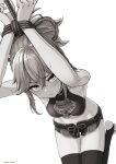  1girl arms_up bare_shoulders breasts crop_top genshin_impact greyscale hair_between_eyes hair_ornament high_ponytail highres kuki_shinobu long_hair looking_at_viewer midriff monochrome nosuku restrained rope short_shorts shorts sidelocks small_breasts solo thighhighs thighs 