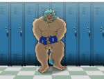 anthro balls blush clothing felid feline fingerless_gloves genitals gloves goujuyu handwear lion locker_room male mammal nude pantherine raigo_tohdoh solo vtuber