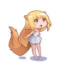  1girl animal_ears bare_arms bare_legs bare_shoulders barefoot blonde_hair chibi commentary dress fox_tail full_body goat_ears goat_horns highres horns long_hair niseoto open_mouth original pointy_ears simple_background solo tail very_long_hair white_background white_dress yellow_eyes 
