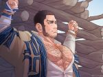  1boy ainu_clothes bara beard black_hair bound bound_wrists buzz_cut chest_hair covered_nipples facial_hair golden_kamuy japanese_clothes kimono large_pectorals long_sideburns male_focus mature_male muscular muscular_male nopinzo open_clothes open_kimono partially_unbuttoned pectoral_cleavage pectorals rope scar scar_on_cheek scar_on_face short_hair sideburns solo tanigaki_genjirou thick_eyebrows upper_body very_short_hair wood 