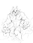 alexzandr_sokolov anthro belt biceps big_hands bottomwear broad_shoulders canid canine canis claws clothing dust dust_cloud eye_markings eyebrows grin hair hi_res legs_up long_hair looking_at_viewer male mammal markings mikeknight19 muscular muscular_male obliques pecs rubble shorts sketch small_waist smile solo tail were werecanid werecanine werewolf wide_chest wolf