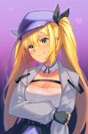  1girl baseball_cap black_gloves black_ribbon blonde_hair blush breasts choker cleavage closed_mouth collar commentary detached_collar dokibird_(vtuber) english_commentary fingerless_gloves frilled_collar frills gloves green_eyes grey_jacket hair_between_eyes hair_ribbon hat holding_own_arm indie_virtual_youtuber jacket long_hair long_sleeves looking_at_viewer medium_breasts open_clothes open_jacket purple_background purple_headwear ribbon sidelocks simple_background smile solo star_(symbol) star_choker upper_body very_long_hair virtual_youtuber white_ribbon yokura_(yukilina) 