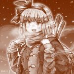  1girl :d blush commentary_request dated greyscale hairband konpaku_youmu long_sleeves monochrome mountainous_horizon nokimenayu open_mouth outdoors short_hair smile snowing solo touhou upper_body 